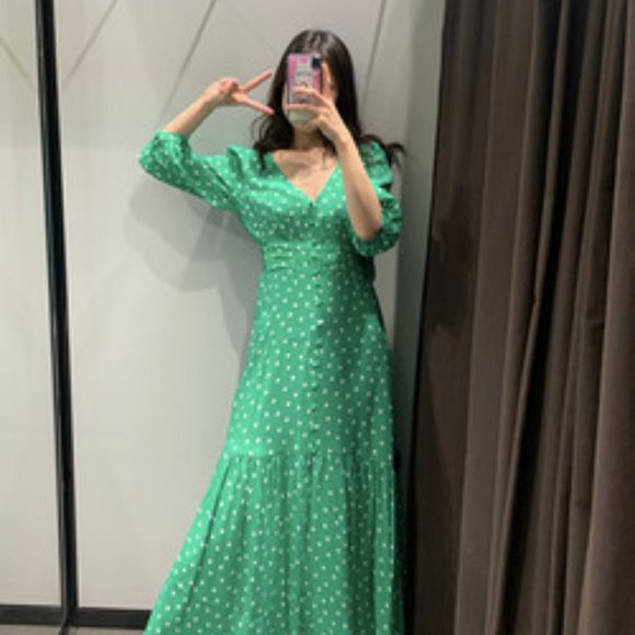 NWT Zara Green & White Polka Dot Satin Midi Dress - Picture 6 of 10